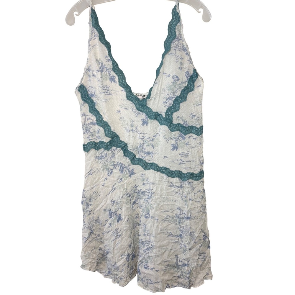 Intimately Free People Toile Print Lace Trim V-Neck Mini Slip Dress White Size M
